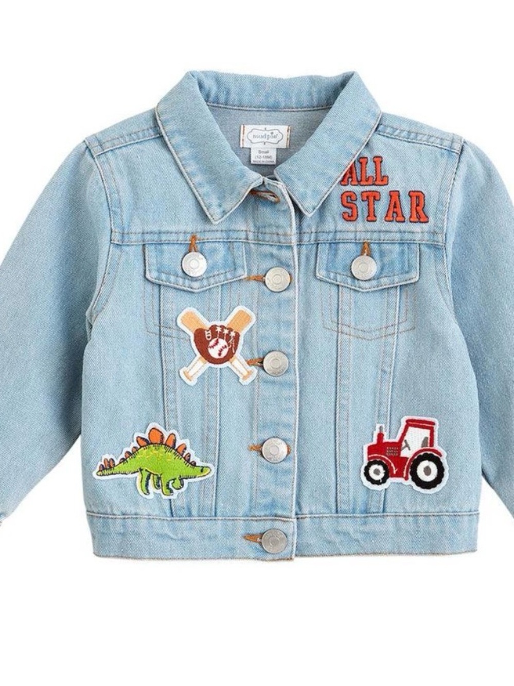 Mud Pie Light Blue Denim Jacket with Sports, Dino & Tractor Patches